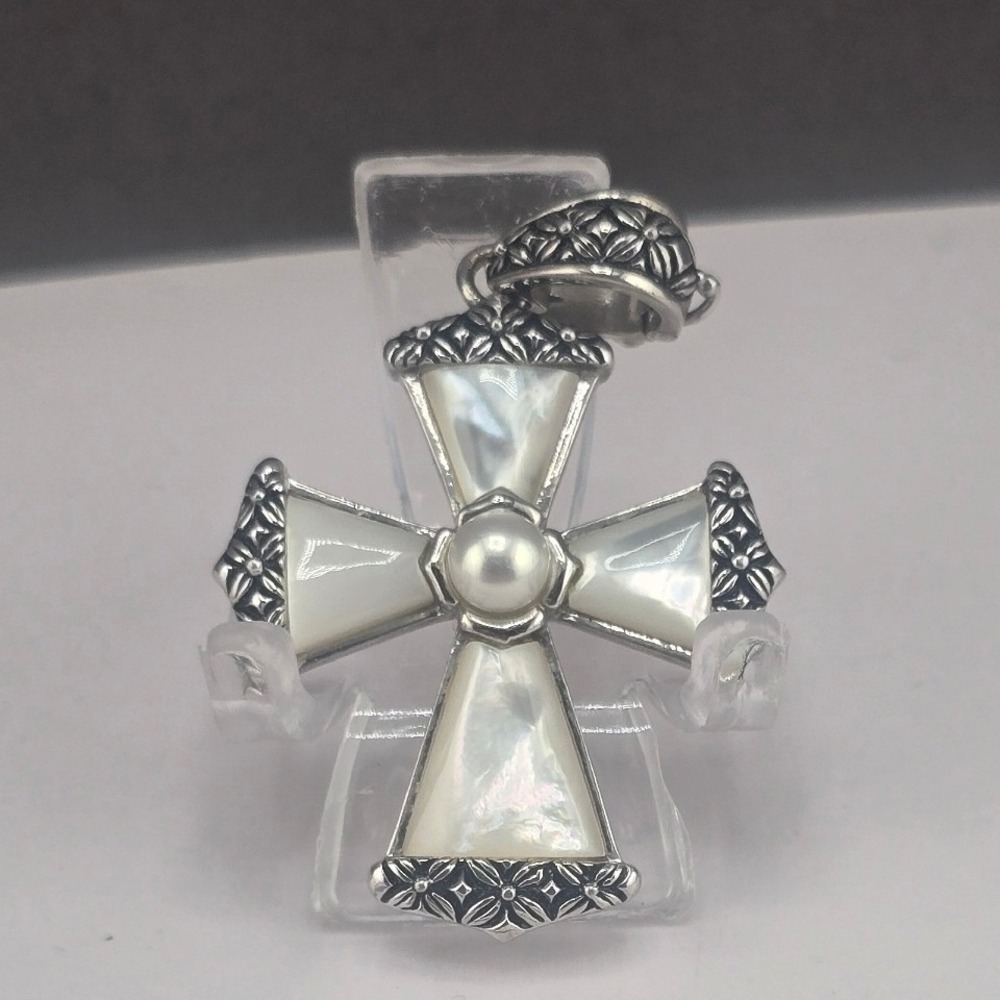 Estate Cross Pendant White Inlay Floral Scroll Sterling Silver Tone